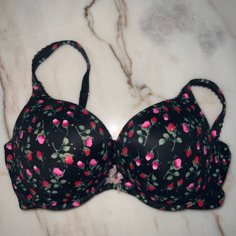 Victoria's Secret Black Bra with Pink & Red Rose Print
